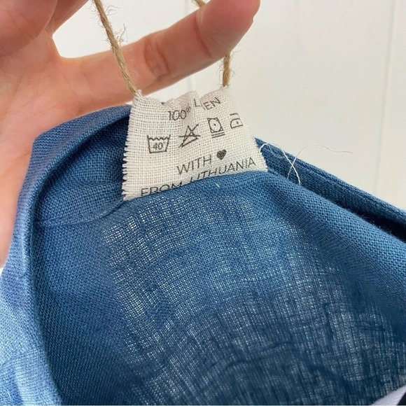 Linen Handmade Studio Blue Dress Button Front V Neck Dolman Sleeves 19” PTP M/L? - Picture 13 of 15